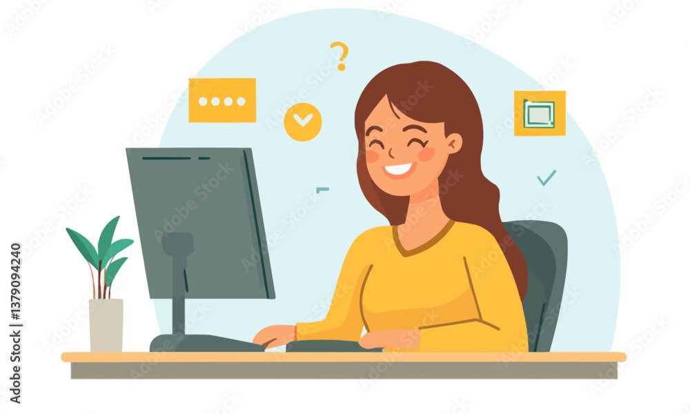 Aufkleber woman is sitting at a desk with a computer monitor in front of her. she is smiling and she is in a g