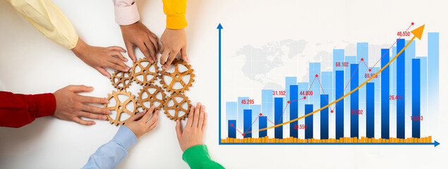 Hands coming together to form gears symbolizes teamwork in achieving business growth as depicted by the upward trending chart showcasing financial success and strategic planning. Amity