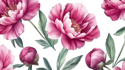 Seamless floral pattern with pink magenta peony flowers on white background, watercolor, template design for fabric, interior, clothes, wallpaper, botanical art