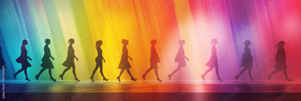 Poster fashion models stride confidently along a vibrant runway featuring colorful abstract patterns and so