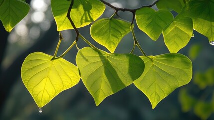 A close-up of peepal leaves glistening with morning dew