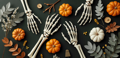 five skeletal hands and miniature pumpkins artfully arranged with autumnal foliage