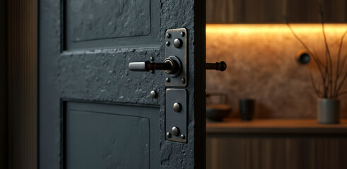 close-up of a rustic dark gray door with bronze handle