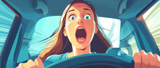 woman learning driving car with shocked face.