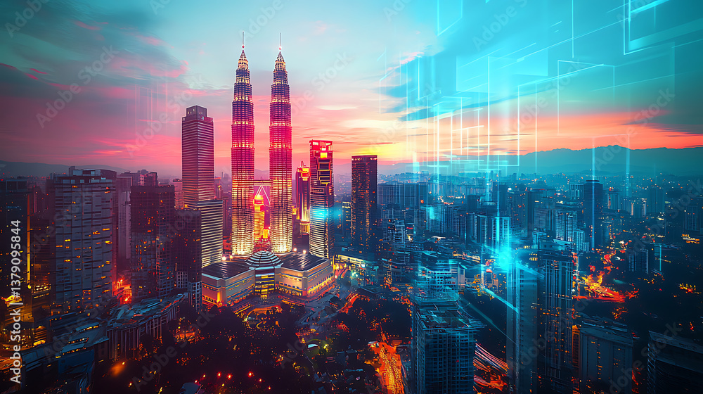 Aufkleber an abstract technology hologram featuring a panoramic view of kuala lumpur at dusk in malaysia and a
