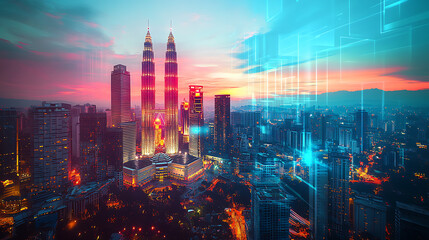 Fototapeta premium An abstract technology hologram featuring a panoramic view of kuala lumpur at dusk in malaysia and asia, concept of technological change of the world