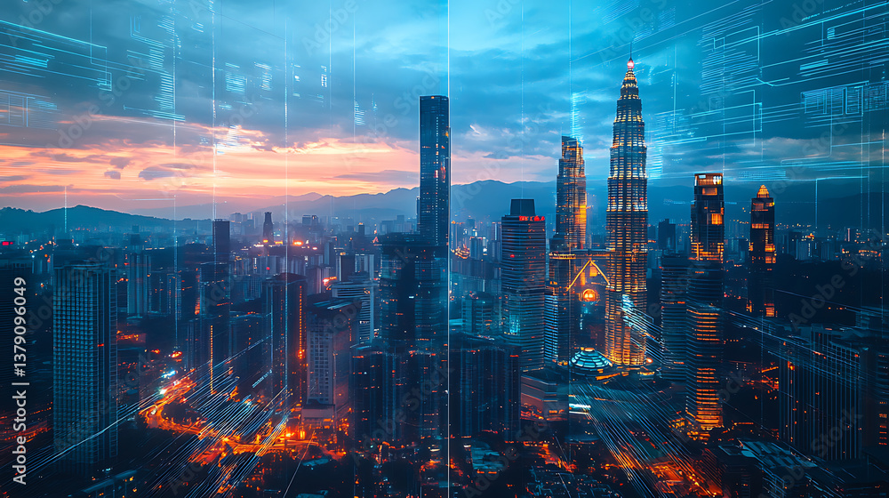 Aufkleber an abstract technology hologram featuring a panoramic view of kuala lumpur at dusk in malaysia and a