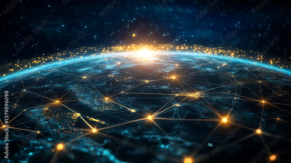 Poster an abstraction of a global worldwide telecommunications network with nodes connected all over the ea