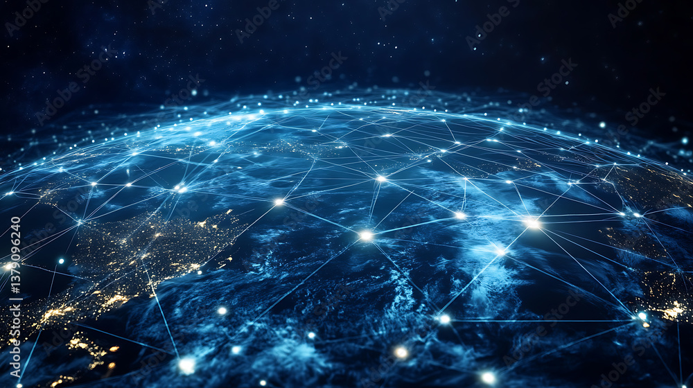Fototapete an abstraction of a global worldwide telecommunications network with nodes connected all over the ea