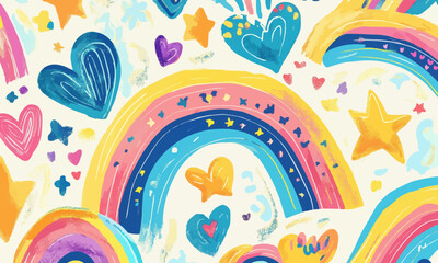 Whimsical hand-drawn rainbows, hearts, and stars in bold pastel tones on a playful doodle-filled background. .