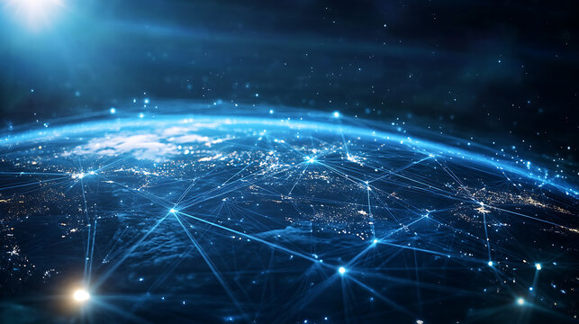 An abstraction of a global worldwide telecommunications network with nodes connected all over the earth