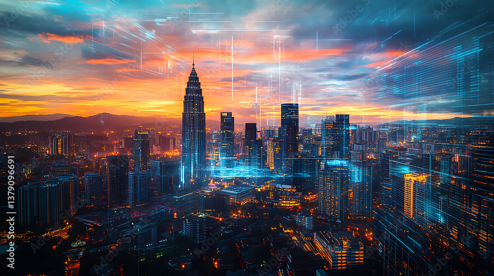 Aufkleber an abstract technology hologram featuring a panoramic view of kuala lumpur at dusk in malaysia and a