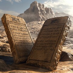 High-quality 4K image depicting the 10 tablets. The tablets have a realistic appearance, with detailed textures of ancient stone and Hebrew inscriptions visible.