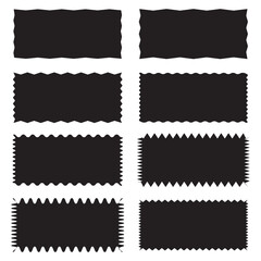Zig zag edge square and rectangle shape collection. Black grunge jagged square frames. Vector torn paper sheet for sticker, collage, banner. Ripped shapes silhouettes on transparent background.