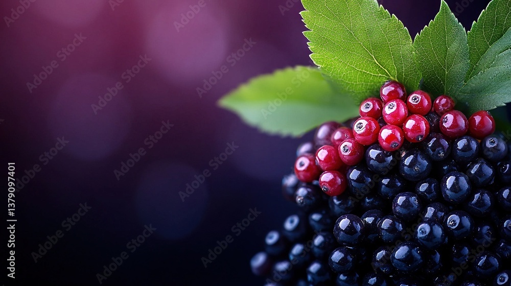 Aufkleber a zoomed-in image of several berries with a green leaf against a dark purple backdrop, featuring sof