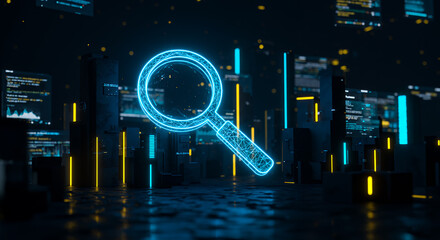 Data Search: Cyberpunk Magnifying Glass in Neon Cityscape, Tech Analysis & Big Data Discovery, Analytics & Insights for Business, Digital Information Scan