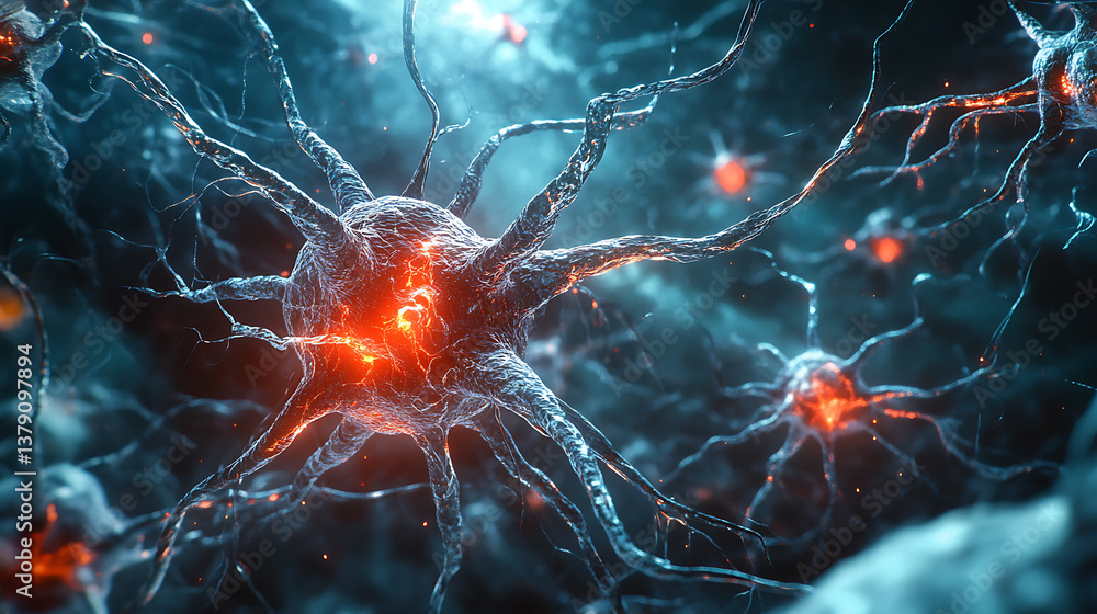 Poster exploring the intricacies of neurons and the nervous system a captivating 3d microbiology render wit
