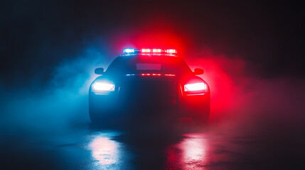 Siren flashing lights with overlay effect on emergency or police cars, red and blue police car flare surrounded by fog on dark night background
