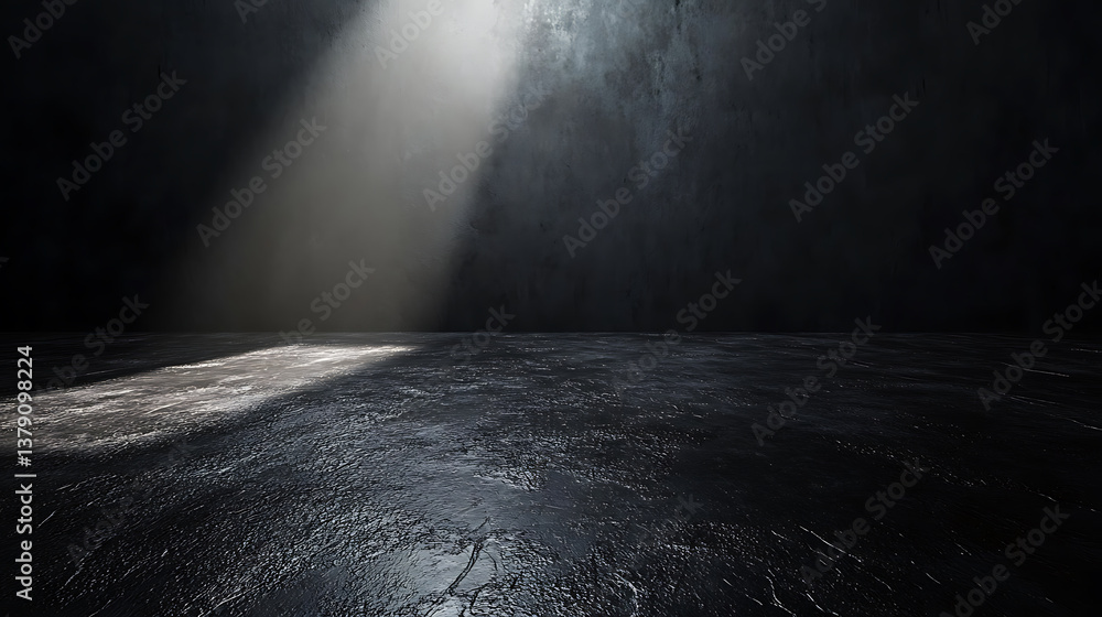 Poster an empty dark room with a spotlight on the textured floor, ideal for product presentation on a black