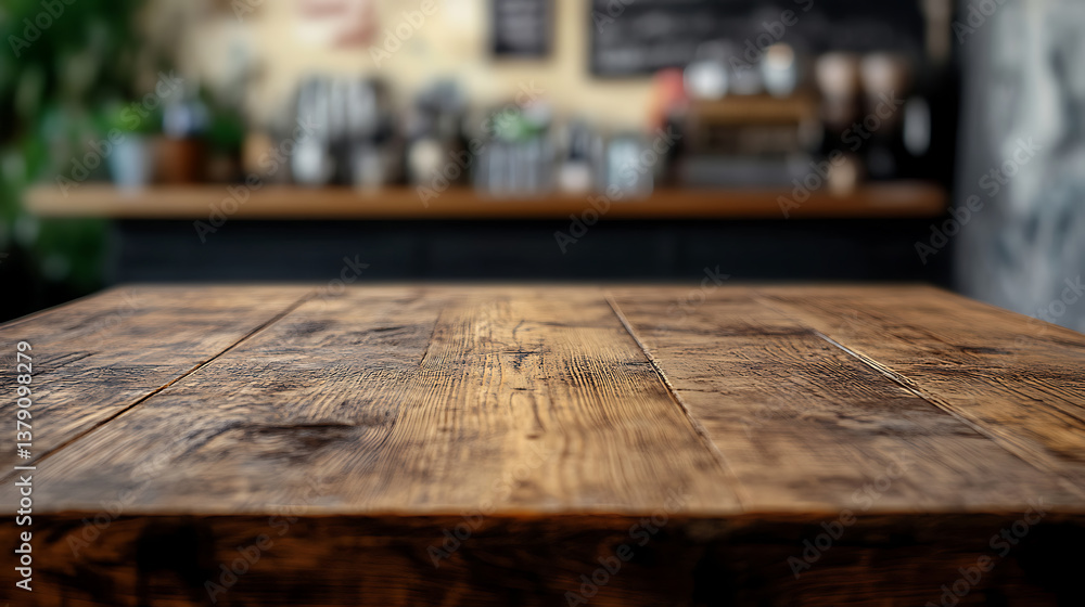 Poster an empty wooden counter table top for product display in a pub or bar