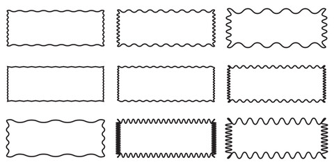 Set of frames with zigzag edge, scallop edge shape. Geometric shapes with scallop and zigzag edges set. Silhouette sticker. Rectangle shape frame with zigzag edge. Rectangular jagge box element.