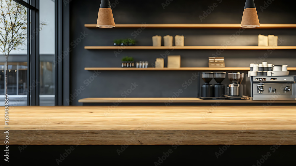 Poster an empty wooden counter table top for product display in a pub or bar