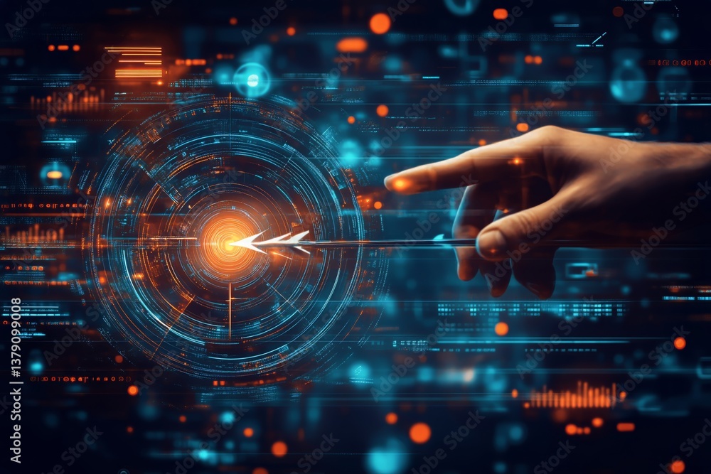 Poster targeting the digital bullseye with an arrow on a futuristic interface