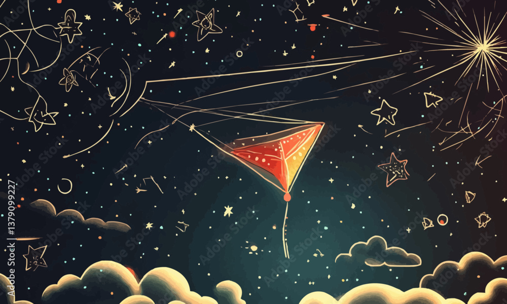 Poster starting new year setting goals concept. dreamy kite doodle with hopes and dreams strings floating i