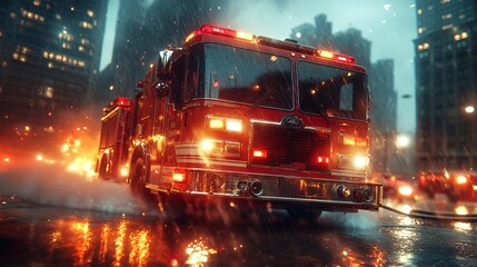 Fire Truck Sprays Water in City During a Heavy Rainstorm