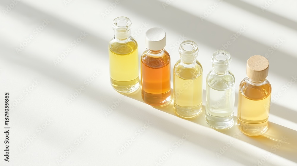 Poster assorted essential oils in small glass bottles arranged on a bright surface with soft shadows
