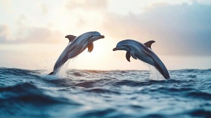 Fototapeta premium Two Dolphins Leap Above Ocean Waves at Sunrise