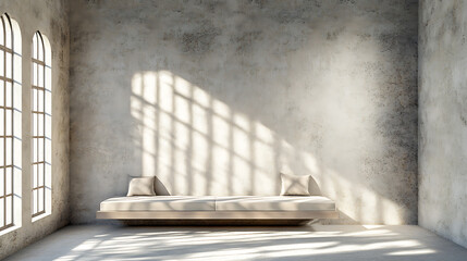 Sofa against grid window and grunge stucco wall, minimalist loft luxury home interior design of modern living room in villa