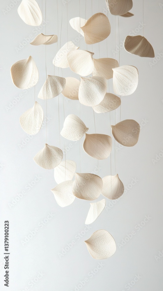 Poster a mobile, crafted from paper, dangles from a string against a white backdrop with a matching wall