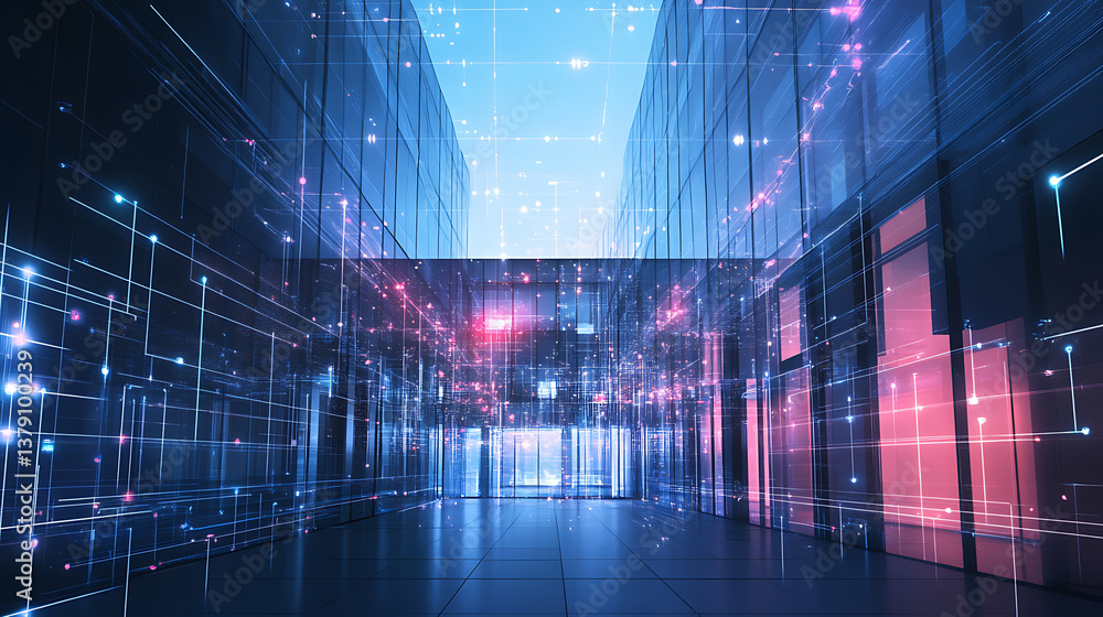 Poster an office building, surrounded by digital connections and data points
