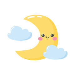 Cartoon cute crescent moon with clouds isolated on white background. Vector illustration