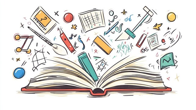Open book filled with flying colorful school supplies, knowledge explosion, education, learning, background