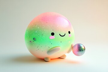 A cute, iridescent, glitter-covered orb character joyfully plays with a smaller, similar ball.