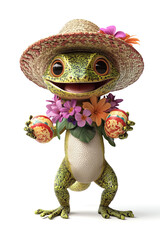 Cheerful cartoon gecko in straw hat with tropical flowers and maracas on white background. Concept of summer vacation, exotic travel, and playful social media marketing for tourism promotions