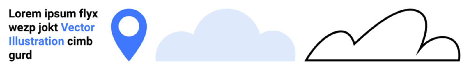 Blue location pin near lorem ipsum text, soft blue cloud, and outlined black cloud. Ideal for navigation, weather, travel, cloud computing, geography, minimalist design simple landing page