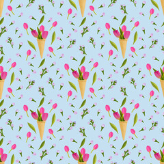 Seamless pattern, spring summer flowers hand drawn, fabric pattern.