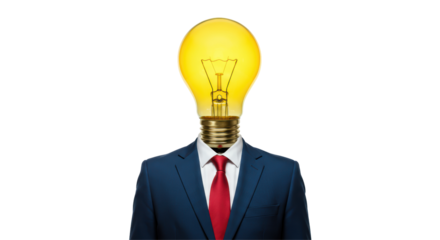 Isolated Light Bulb Head on Man in Suit Representing Innovative Ideas