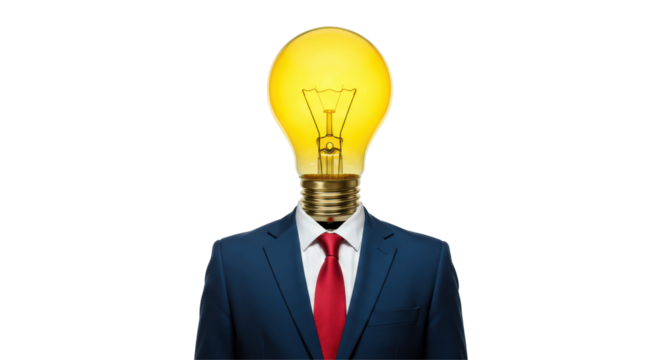 Isolated Light Bulb Head on Man in Suit Representing Innovative Ideas