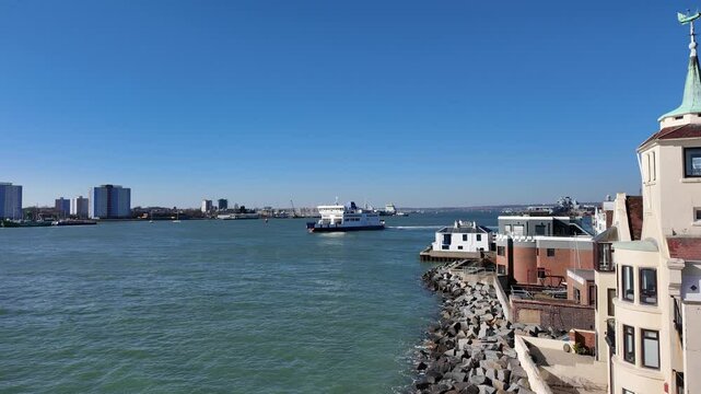 Portsmouth Harbour England UK. 28.03.2025. Video. Isle of Wight bound roro ferry departing Gunwharf  Portsmouth Harbour southern England UK.