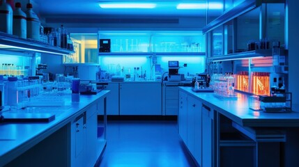 Futuristic Laboratory with Advanced Technology and Digital Interfaces in Neon Blue Light