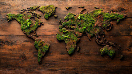 A world map made of moss and greenery on a wooden background, highlighting environmental conservation and natural beauty
