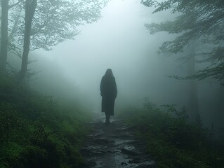 Fototapeta premium Walking Through Fog, Feeling Sadness in a Misty Forest