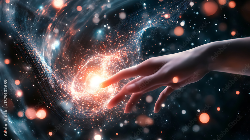 Poster first contact, with hand touching spinning vortex of light particles, neuronal network concept