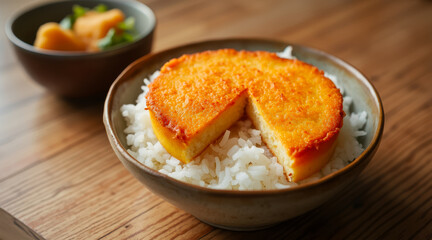 sliced piece of golden-brown fried food served on a bed of white rice in a bowl