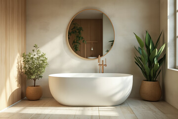 modern bathroom featuring a white oval bathtub complemented by plants and a circular mirror