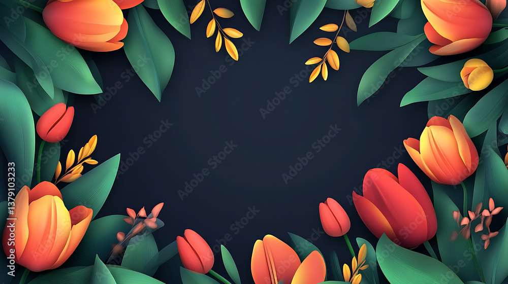 Poster Spring colorful tulips frame on dark background